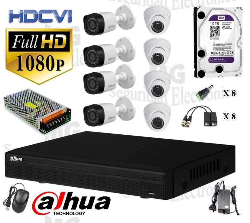 DVR, Disco 1 TB, 4 Cámaras bullet, 4 cámaras minidomo para interior, balunes, fuente centralizada y conectores.